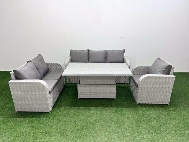 Fimous Patio 6 Seater Grey Rattan Outdoor Furniture Set with Adjustable Coffee Table, 3 Seater Sofa, 2 Seater Sofa, Armchair and Upholstered Cushions