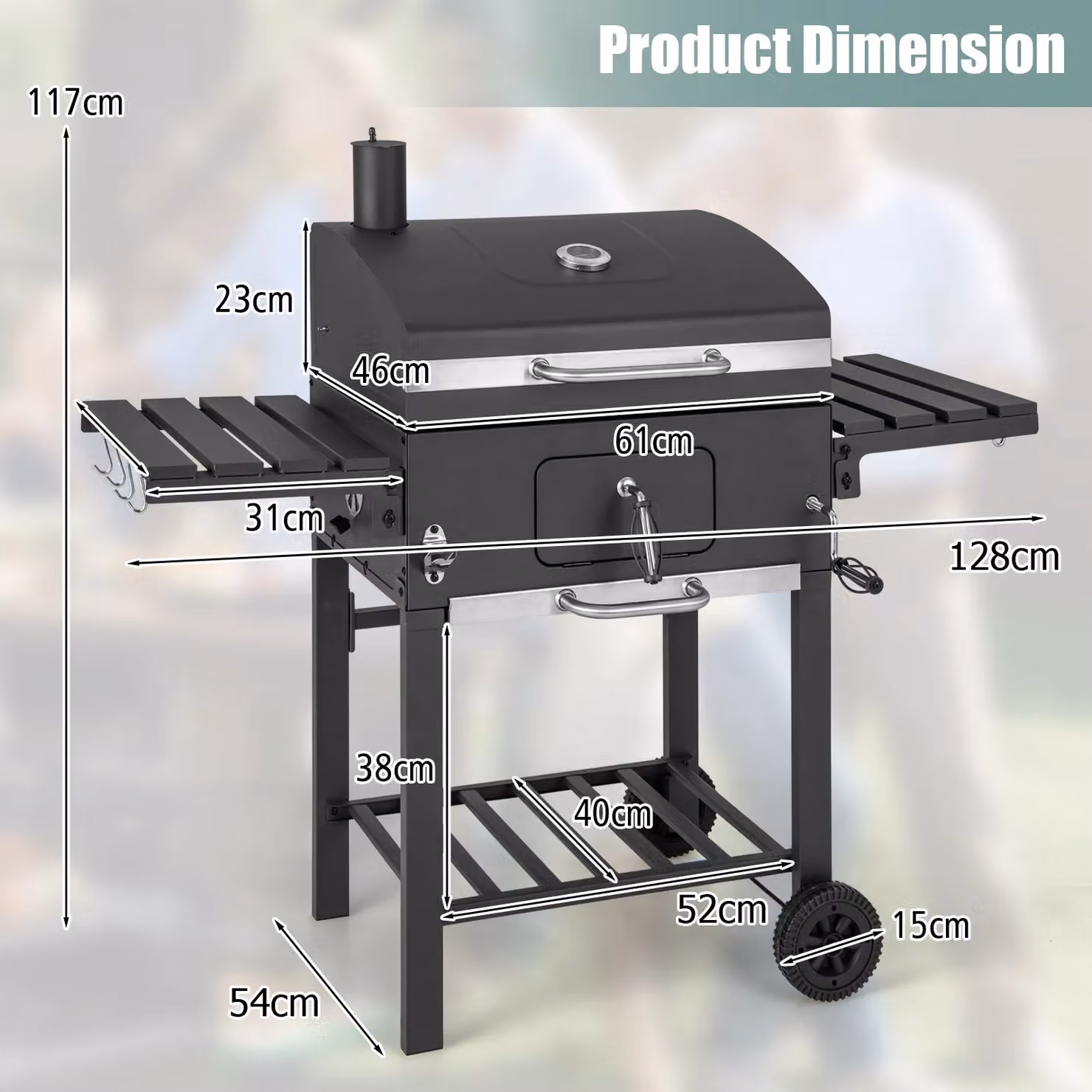Costway Charcoal BBQ Smoker Combo with 2 Wheels and 2 Foldable Side Tables, Black, W/D/H: 128 x 46 x 117 cm – 5