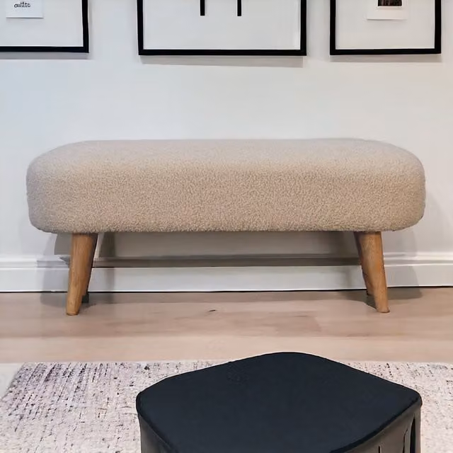 Artisan Furniture Scandinavian Mango Wood Hallway Bench with Brown and Beige Bouclé Fabric