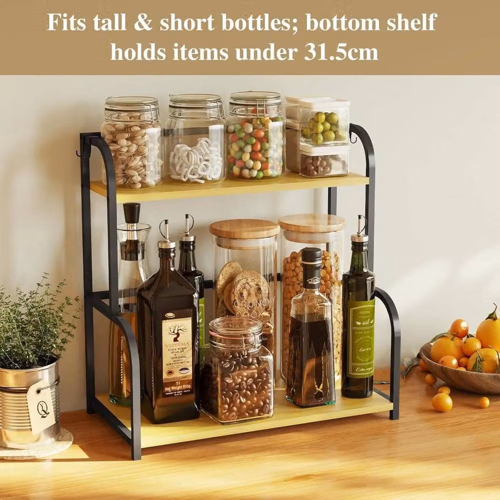 NESTLUNE 2 Tier Metal Spice Rack and Kitchen Shelf Organiser with Hooks in Matt Black – 5