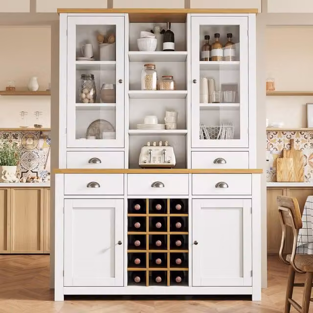 Rolipo Tall White Kitchen Pantry Cabinet with Glass Doors, Wine Rack and Drawers, H 185.0 cm x W 120.0 cm – 1