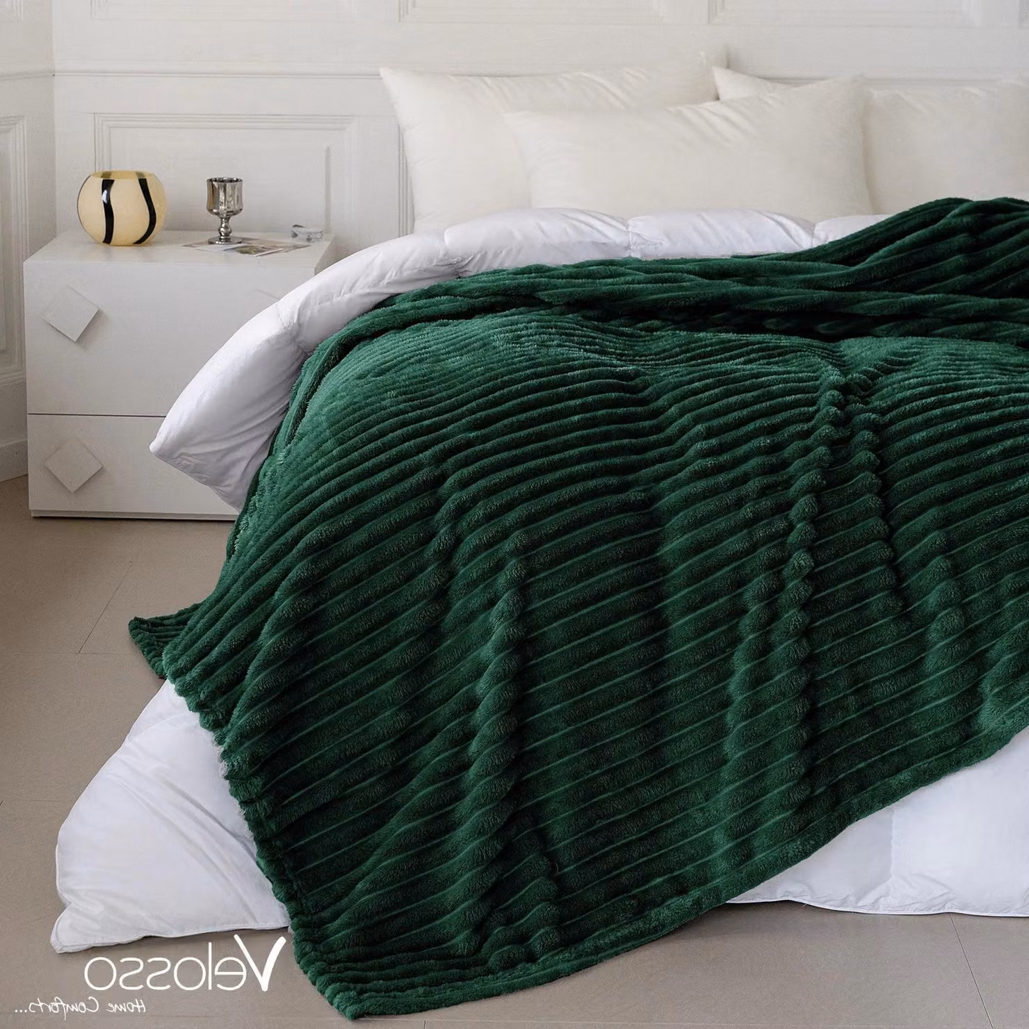 Velosso Super Soft Chunky Cord Blanket Throw in Green, W: 200 cm, D: 240 cm – 2