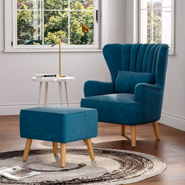 Livingandhome Blue Faux Wool Lounge Armchair with Matching Ottoman