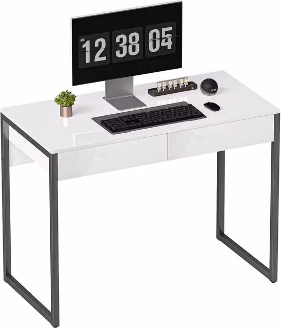 Rolipo Modern High Gloss Writing Desk with Drawers in White