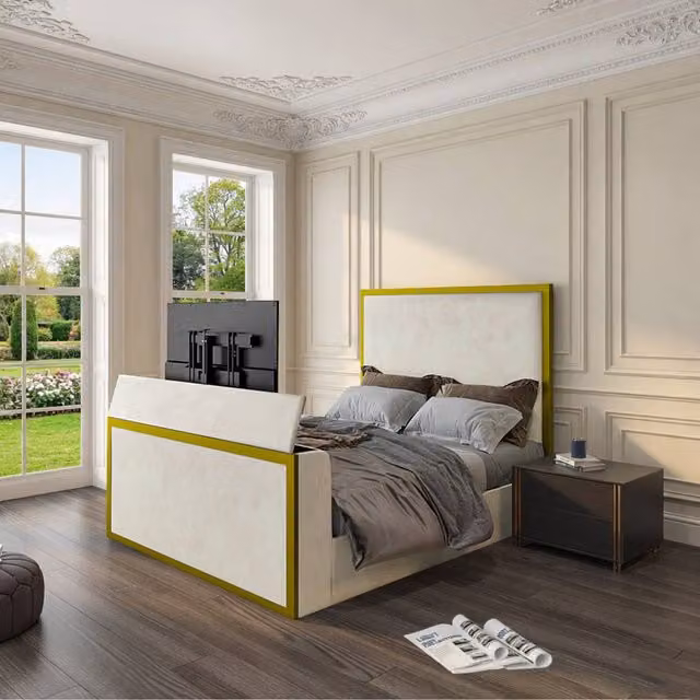 KDMD Woldingham Upholstered Electric Media TV Bed Frame in Gold and White, King Size