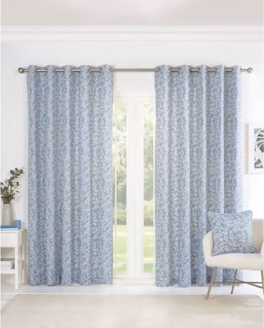 Sundour Floral Eyelet Curtains and Square Cushion Cover Set in Green and Blue Polycotton