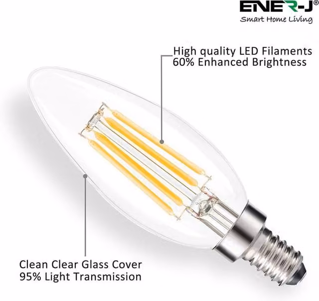 EnerJ Smart LED Candle Filament Light Bulbs, 4W, E14 Base, Warm White 2700K, Pack of 10, White/Transparent
