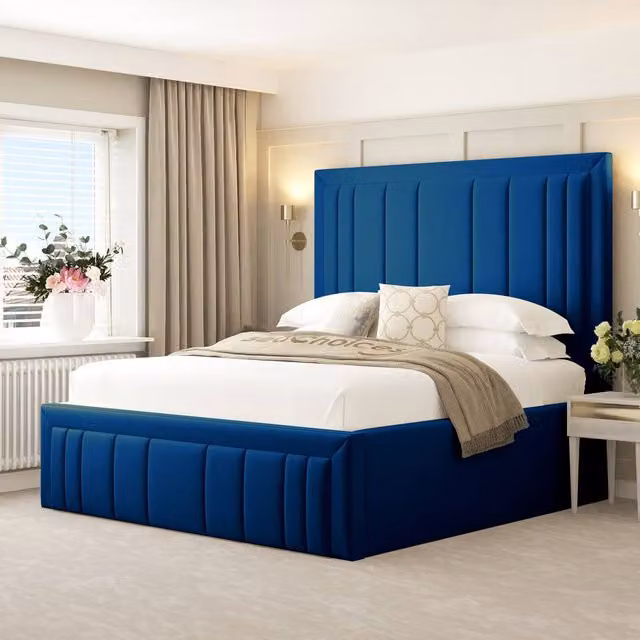 Bed Choices Emperor Upholstered Velvet Bed Frame in Blue, Size: 140 x 200 cm