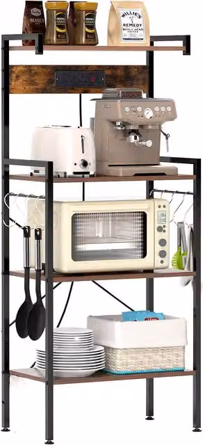 Gymax 4-Tier Bakers Rack and Microwave Stand with Power Outlet in Brown