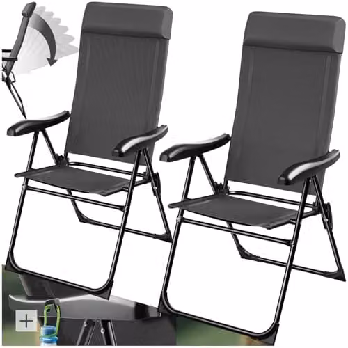 tectake Set of 2 Folding Camping Chairs with Adjustable Backrest and Soft Head Cushions in Anthracite