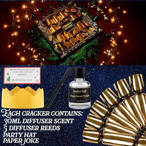 KreativeKraft Luxury Christmas Crackers Pack of 6 with Scented Reed Diffuser in Gold and Multicolour – 4