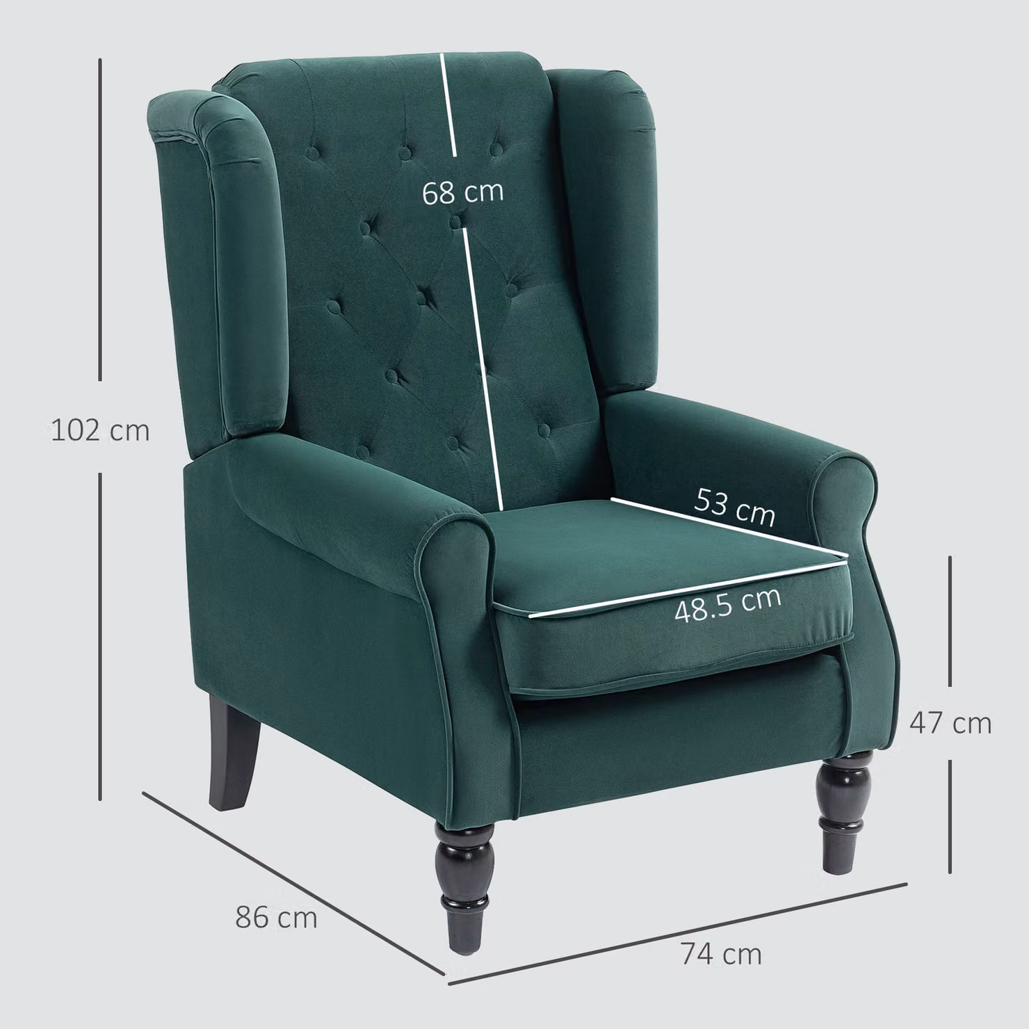 HOMCOM Retro Green Velvet Wingback Accent Chair with Button Tufting and Solid Wood Frame – 3