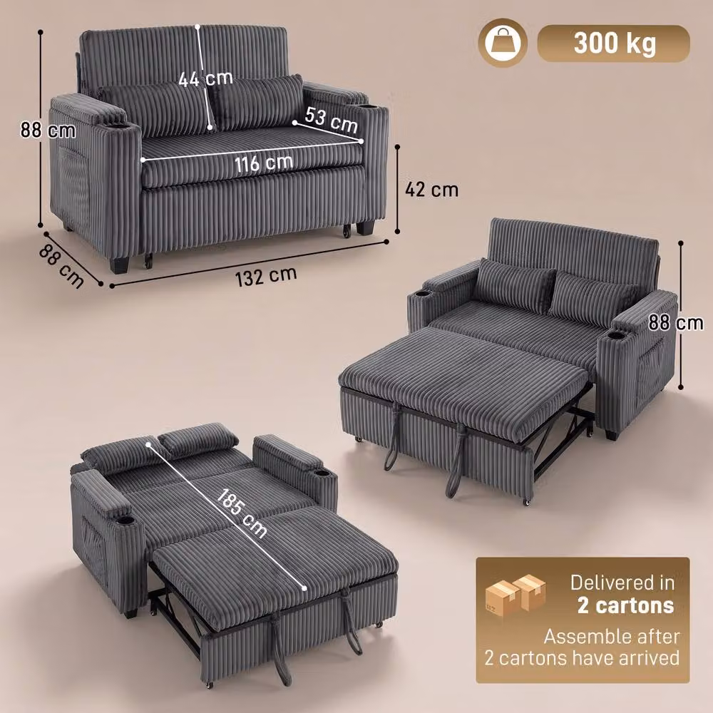 HOMCOM 2 Seater Corduroy Pull Out Sofa Bed in Dark Grey – 3