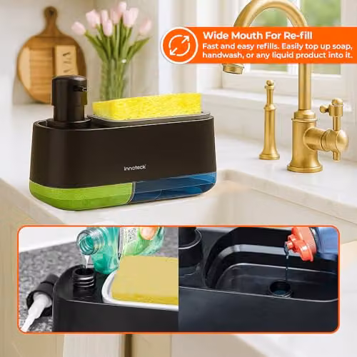 Innoteck Essentials 3-in-1 Hand and Dish Soap Dispenser with Sponge Holder, Black, 420ml and 380ml Capacity – 4