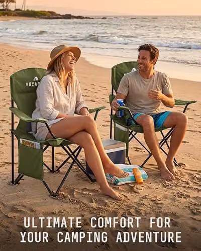Voyager 2-Pack of Folding Camping Chairs in Green with Cup Holders and Storage Pocket – 5