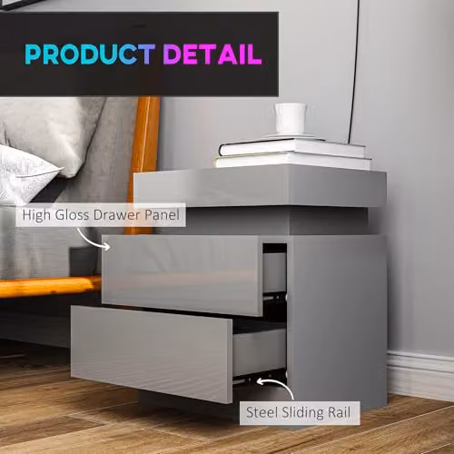 HOMCOM Modern High Gloss Bedside Table with Integrated LED Lighting, Grey, W/D/H: 35 x 45 x 52 cm – 5
