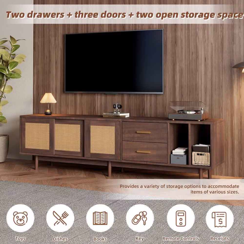 Merax Walnut TV Stand Media Unit with Rattan Sliding Doors and Drawers, Brown, W: 190 cm, D: 40 cm, H: 52 cm – 2