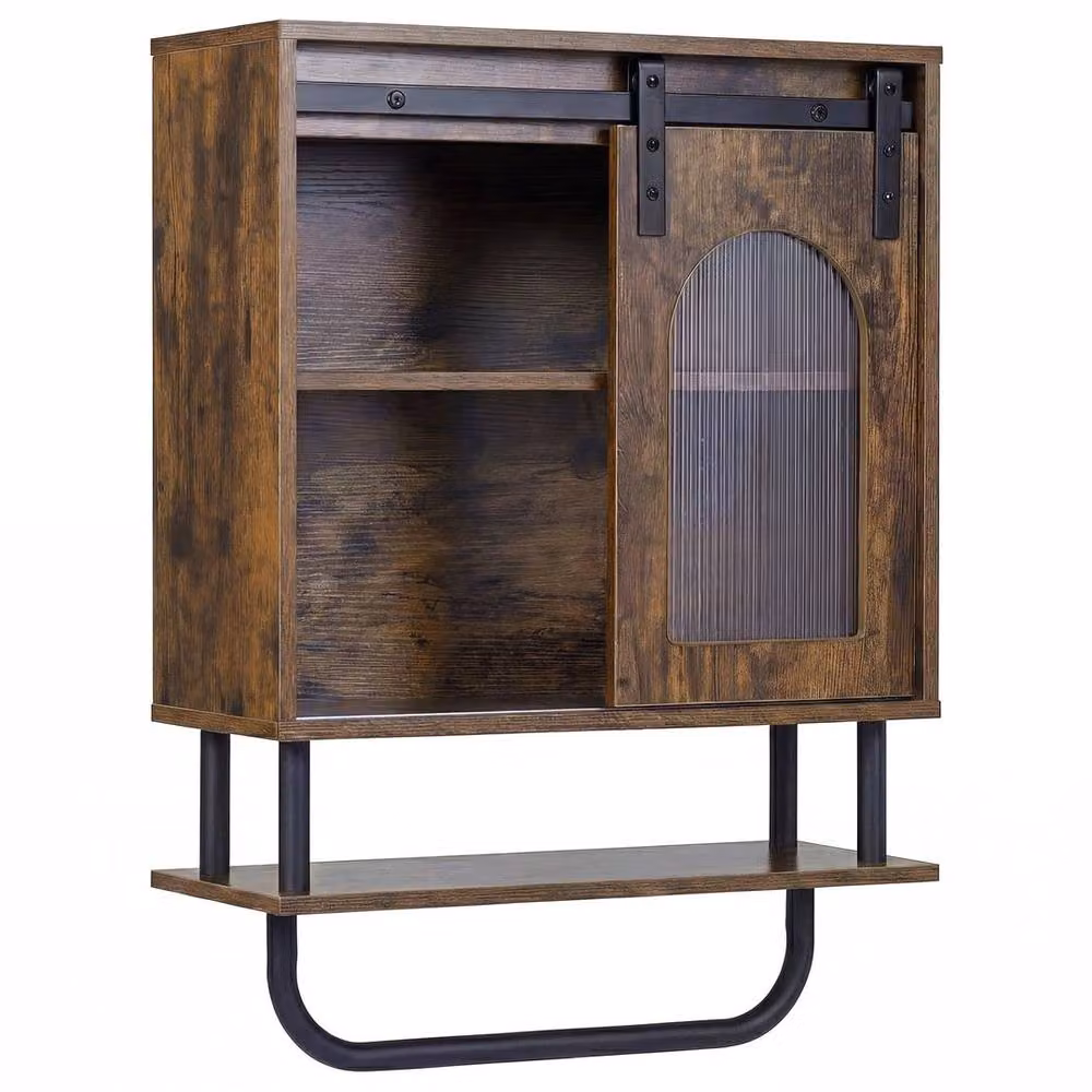 EONLION Industrial Brown Wall Mounted Bathroom Cabinet with Glass Sliding Doors and Internal Shelves – 4
