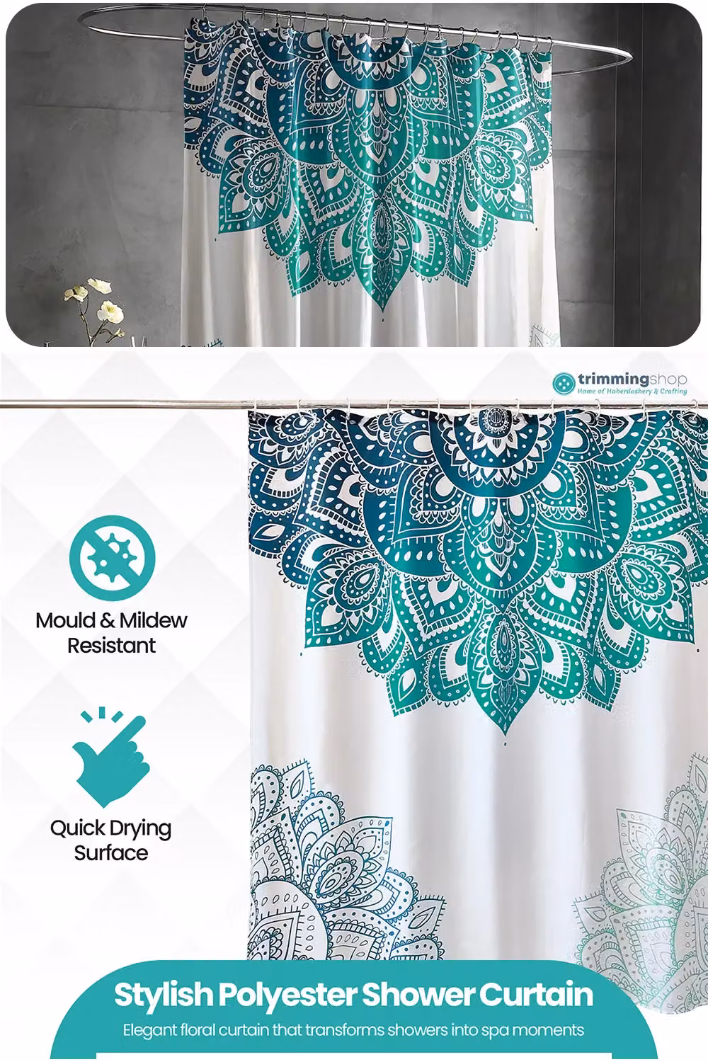 Neel Blue Mandala Flower Waterproof Polyester Bathroom Shower Curtain in Green and Blue, W: 180 cm, H: 200 cm – 2