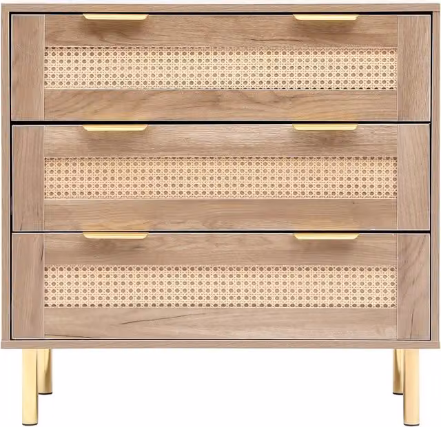 MMT Modern Geometric Freestanding Rattan, Wood and Metal Unit in White, Brown and Gold
