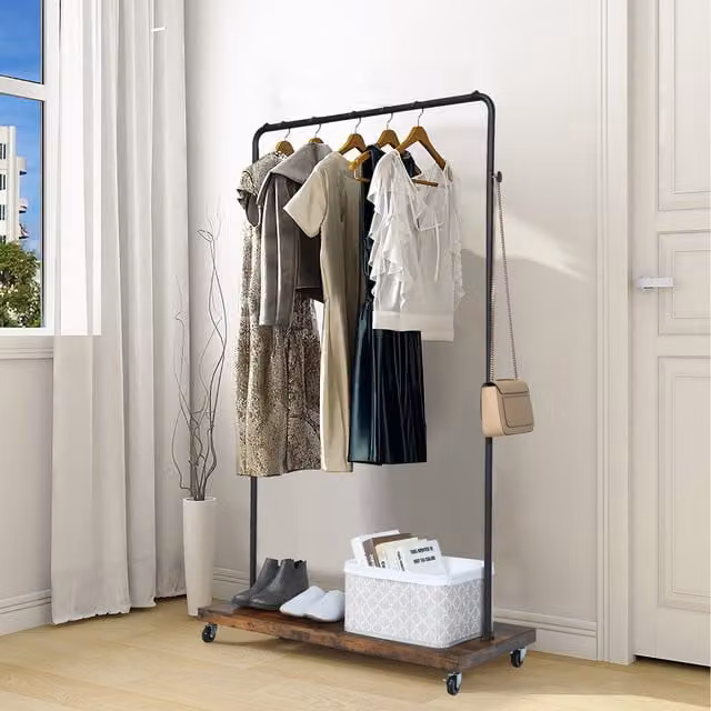 Costway Industrial Wood Clothes Rack with Continuous Linear Rail in Brown and Black