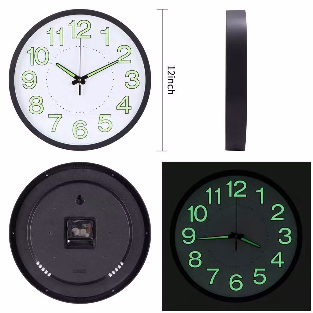 Kelvenix Black Round Quartz Wall Clock with Silent Luminous Glow in the Dark, Diameter: 30.48 cm – 2