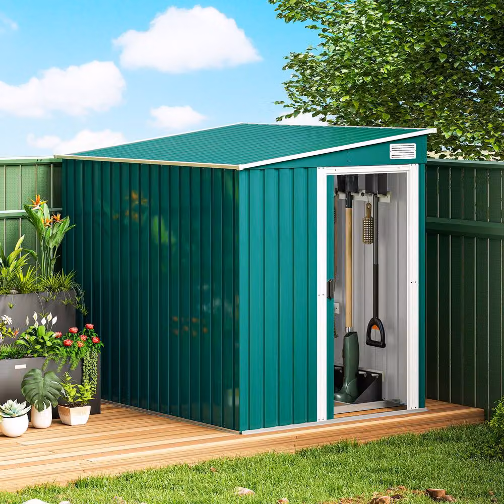 Rolipo Green Galvanised Metal Pent Shed with Sliding Door – 4