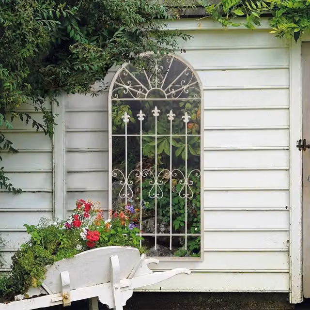 MirrorOutlet Gothic Arch Stone Coloured Large Garden Wall Mirror, H 140 cm x W 65 cm