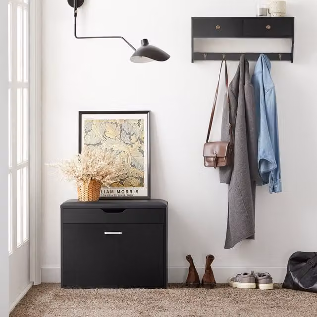 SoBuy Minimalist Shoe Bench with Flip-drawer in Black