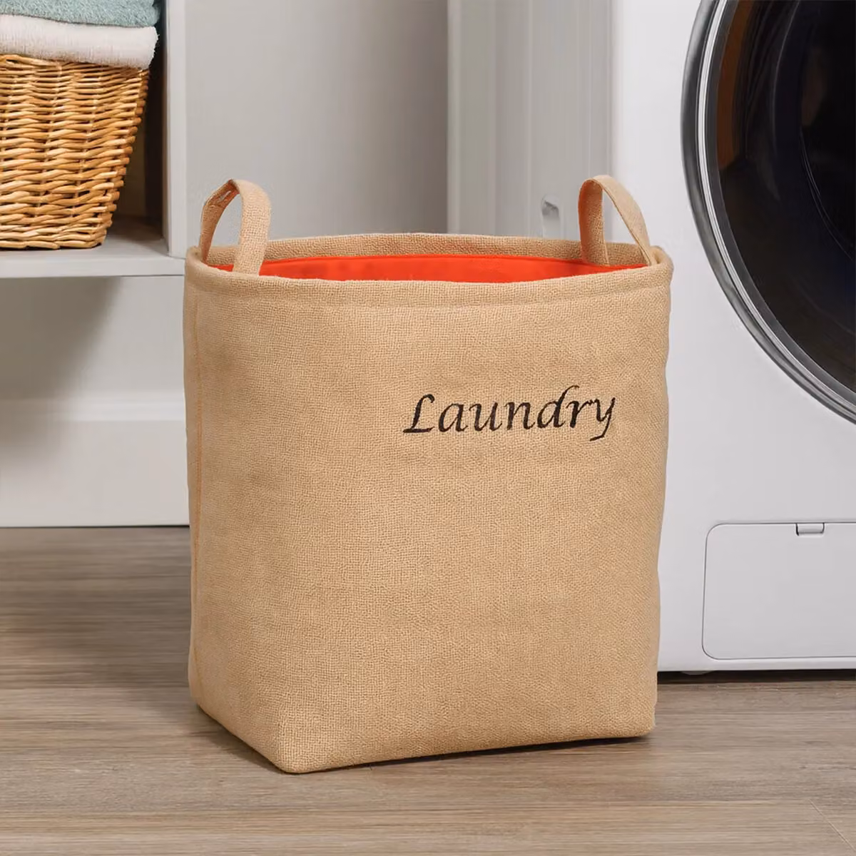 Orsina Natural Jute and Cotton Laundry Bag with Handles, Beige and Orange – 2