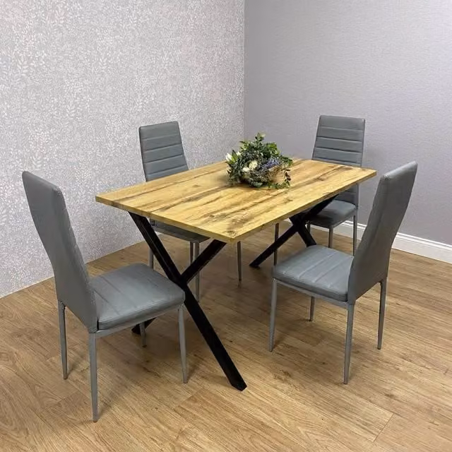 KOSY KOALA Brown Wooden Rectangular Dining Table with 4 Grey Faux Leather Chairs