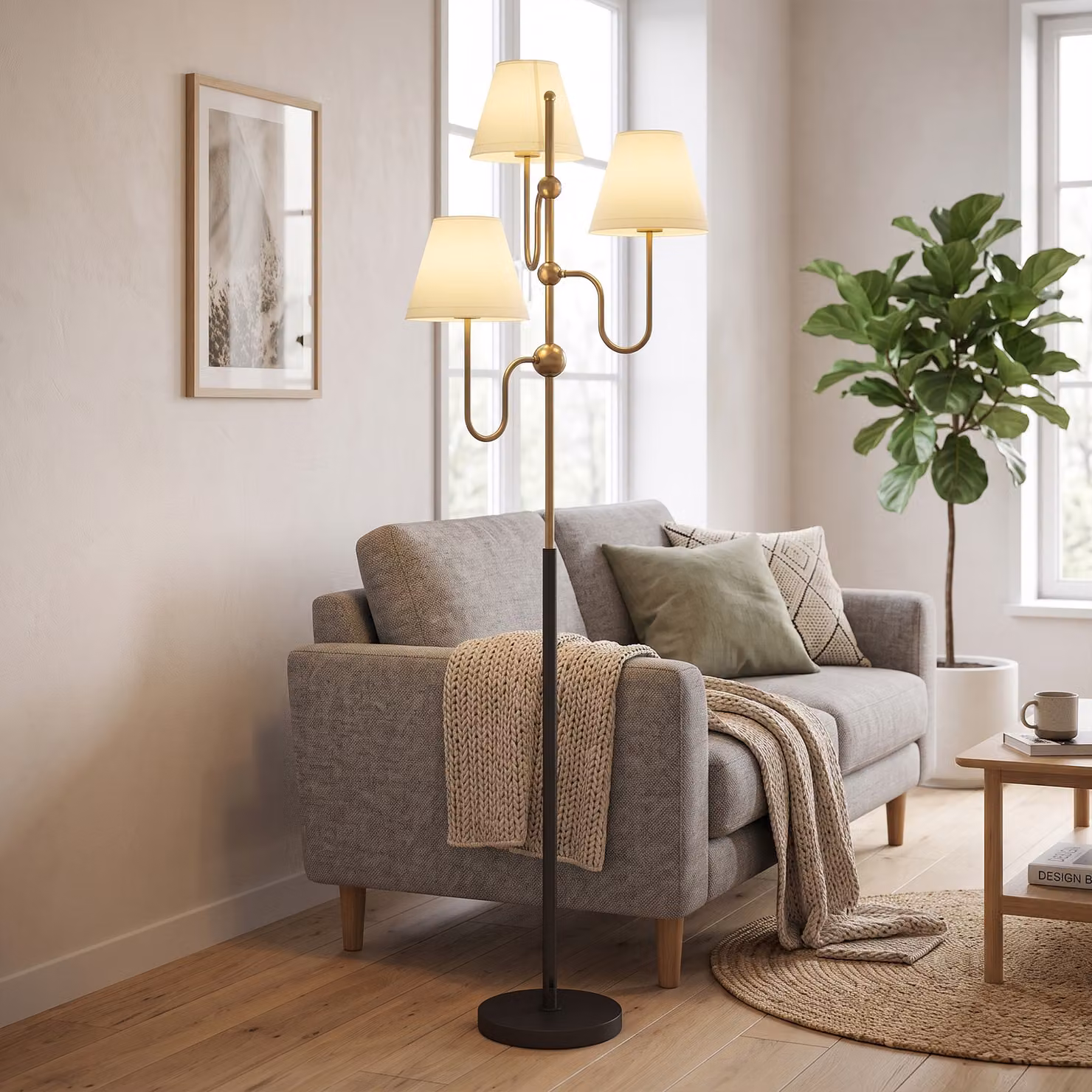 HOMCOM Gold Floor Lamp with 3 Lights and Foot Switch, 165 cm Tall Standing Lamp for Living Room, Bedroom or Office, E27 Base (40W Max) – 4