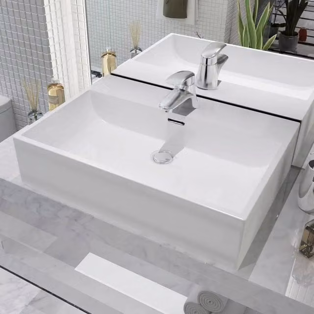Berkfield White Ceramic Rectangular Wall Mounted Basin with Faucet Hole, W: 60.5 cm, D: 42.5 cm, H: 14.5 cm – 1