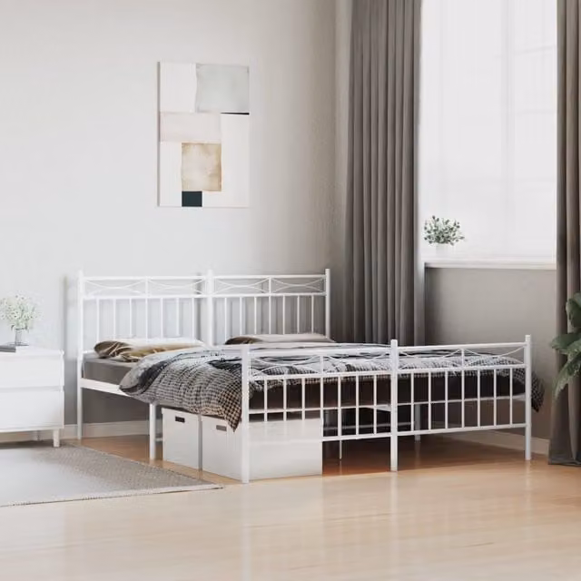 Berkfield Home Metal Bed Frame with Headboard and Footboard in White, W/D/H: 150 x 200 cm