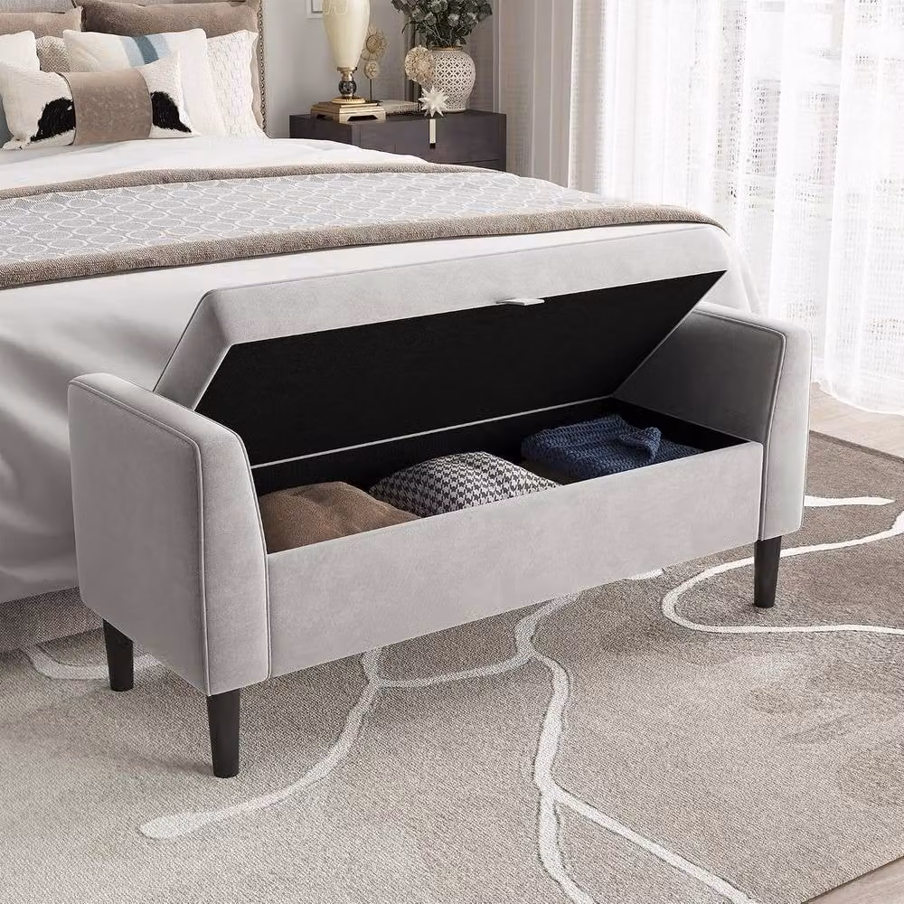 London Boutique Velvet Upholstered Storage Ottoman Bench in Light Grey – 3