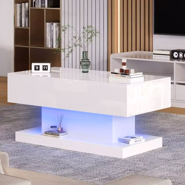 STILVORA Modern White Glossy Lift Top Coffee Table with Storage and Metal Accents – 1