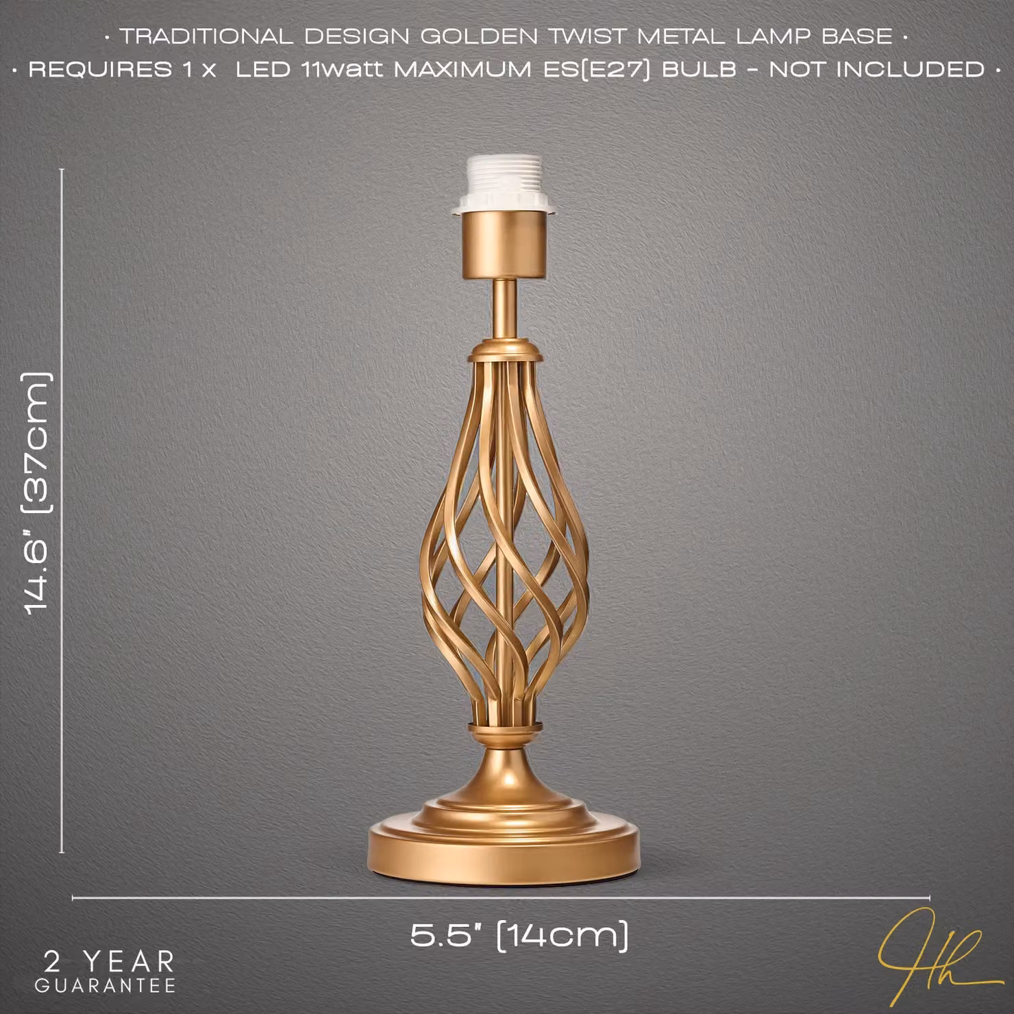 Happy Homewares Traditional Table Lamp Base with Twist Metal Stem Design and Inline Switch in Gold/Brass, Height: 38.1 cm – 2
