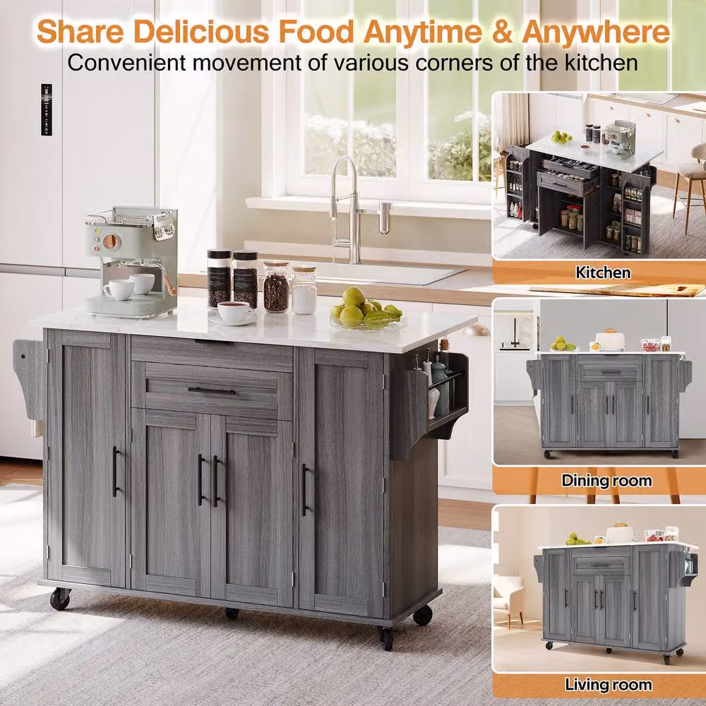 Matteo Grey Rolling Kitchen Island with Foldable Tabletop and Storage, W/D/H: 120 x 70 x 92 cm – 4
