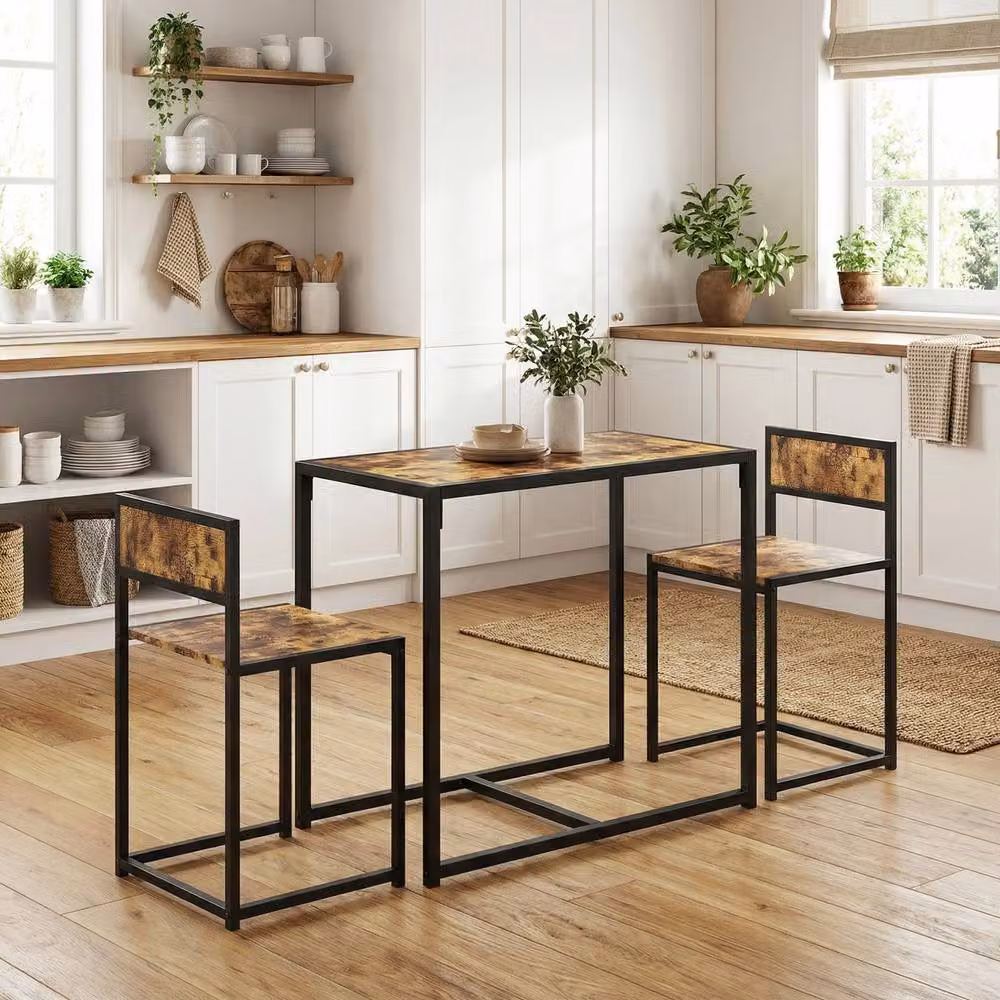 STILVORA Table and 2 Stools Set with Steel Frame in Rustic Dark Brown – 2
