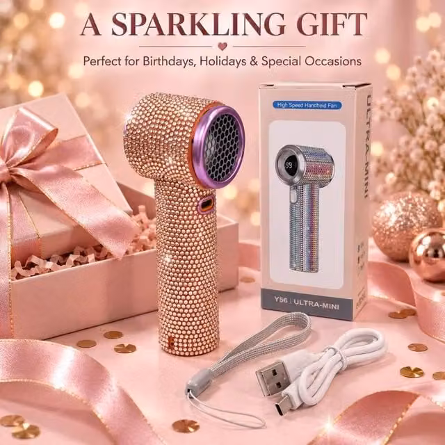 BluCore MINI Rhinestone Handheld Rechargeable Fan in Rose Gold