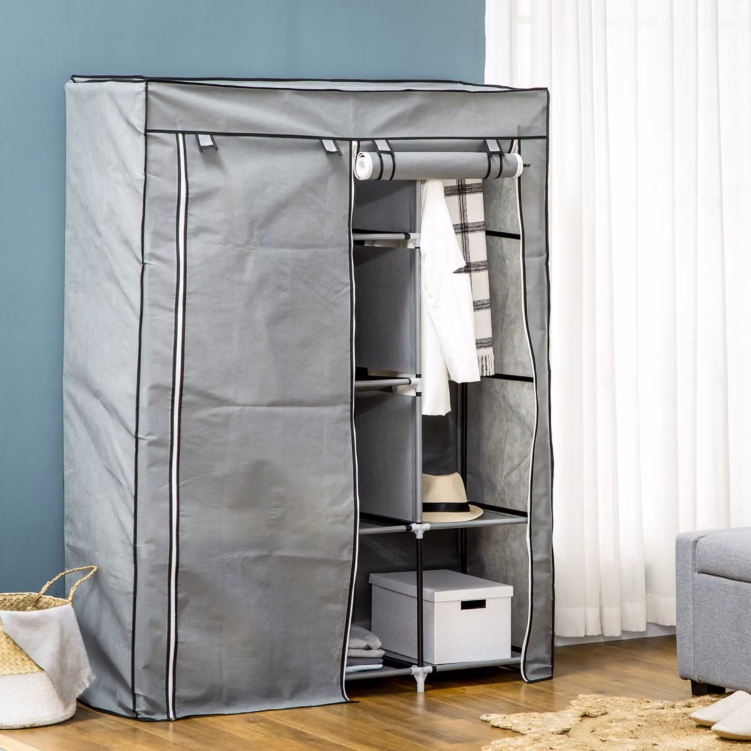 HOMCOM Portable Fabric Wardrobe with Hanging Rods and Shelves, Grey, W/D/H: 125 x 43 x 162.5 cm – 5