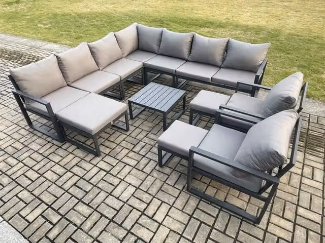 Fimous Modern L-Shape Aluminium Outdoor Garden Furniture Set in Dark Grey with Corner Sofa, Coffee Table and 3 Ottomans