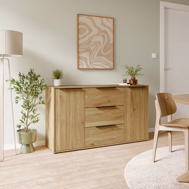 Furniture To Go Orkney Modern 3 Drawer Sideboard with 2 Doors in Mauvella Oak Brown