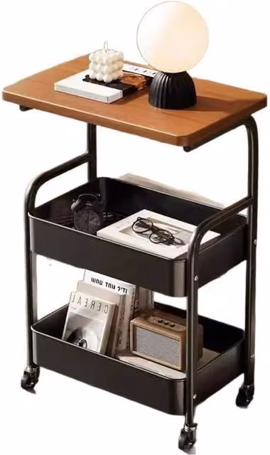 VOGREX 3-Tier Rolling Utility Cart with Wood Tabletop in Multicolour – 1