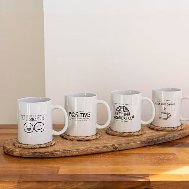 Marco Paul Set of 8 White Ceramic Motivational Quote Mugs, 300 ml