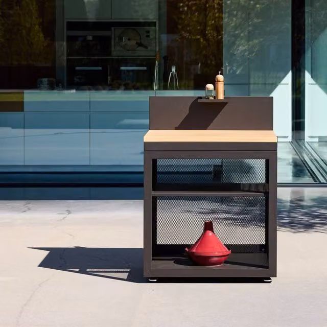 sweeek Outdoor Kitchen Steel and Wood Decor in Black, W: 80 cm, D: 25.5 cm, H: 110 cm