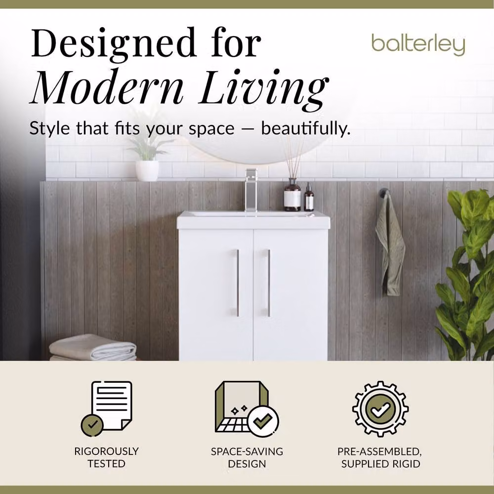 Balterley Modern Gloss White Floor Standing Bathroom Vanity Unit with 2 Soft-Close Doors and Mid-Edge Basin, W/D/H: 50 x 39 x 84 cm – 2