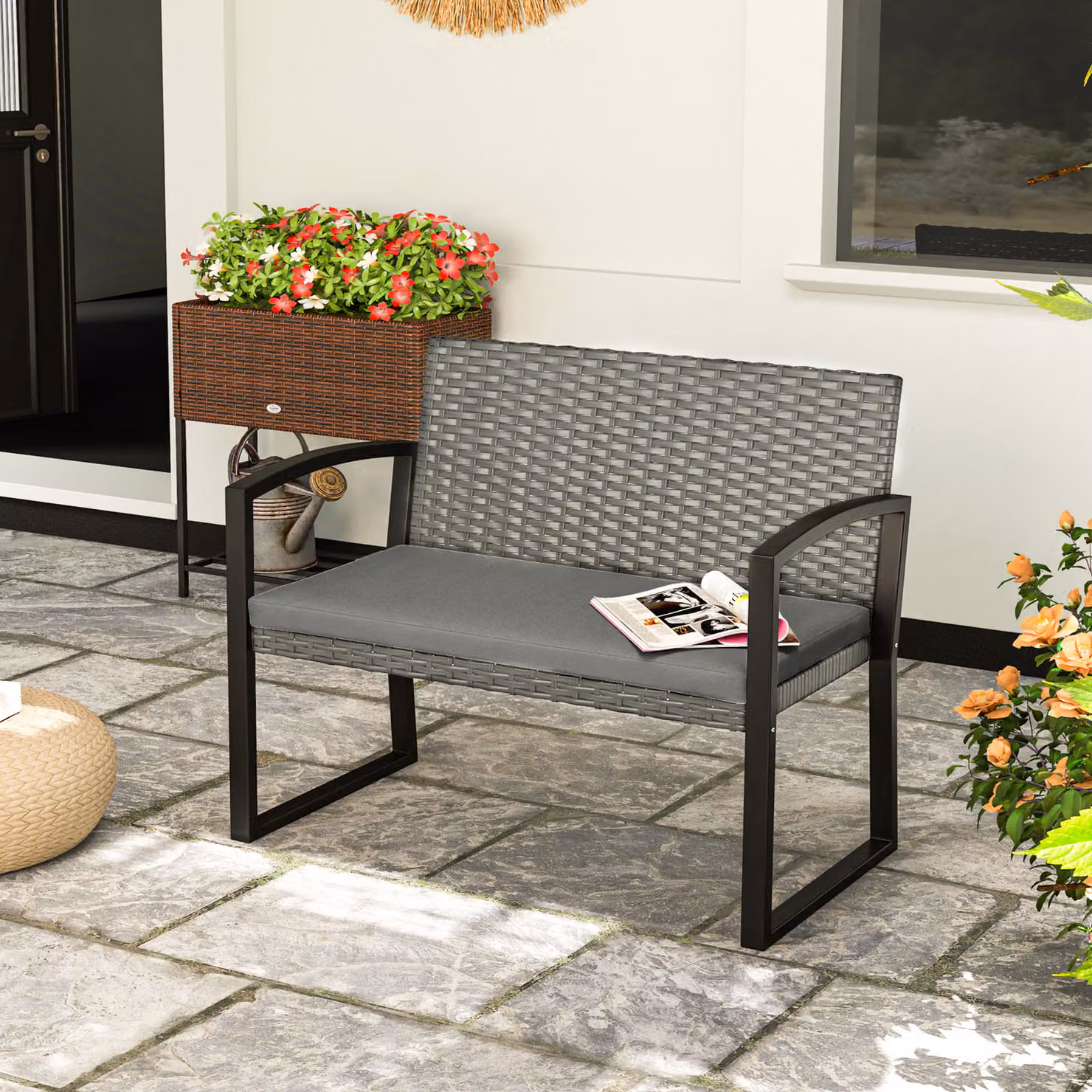 Outsunny Two-Seater Rattan Garden Bench with Armrests and Cushions in Grey and Black – 2