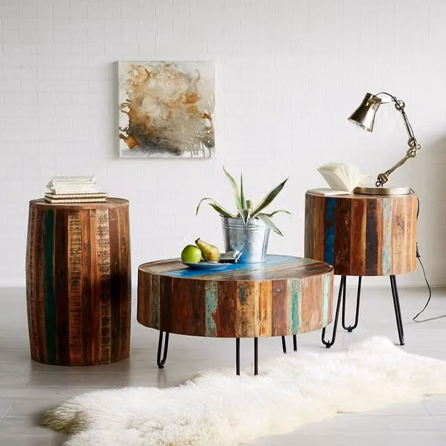 IH Design Vintage Round Wood Coffee Table in Multicolour and Brown