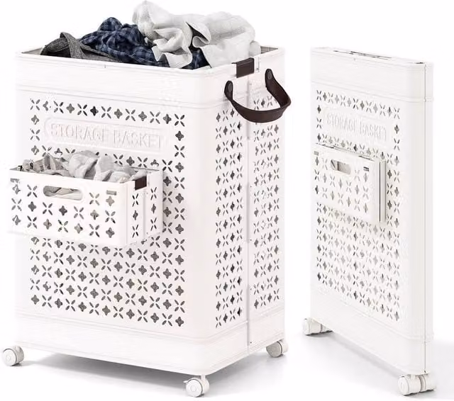 Havendro Collapsible Laundry Basket with Wheels, White